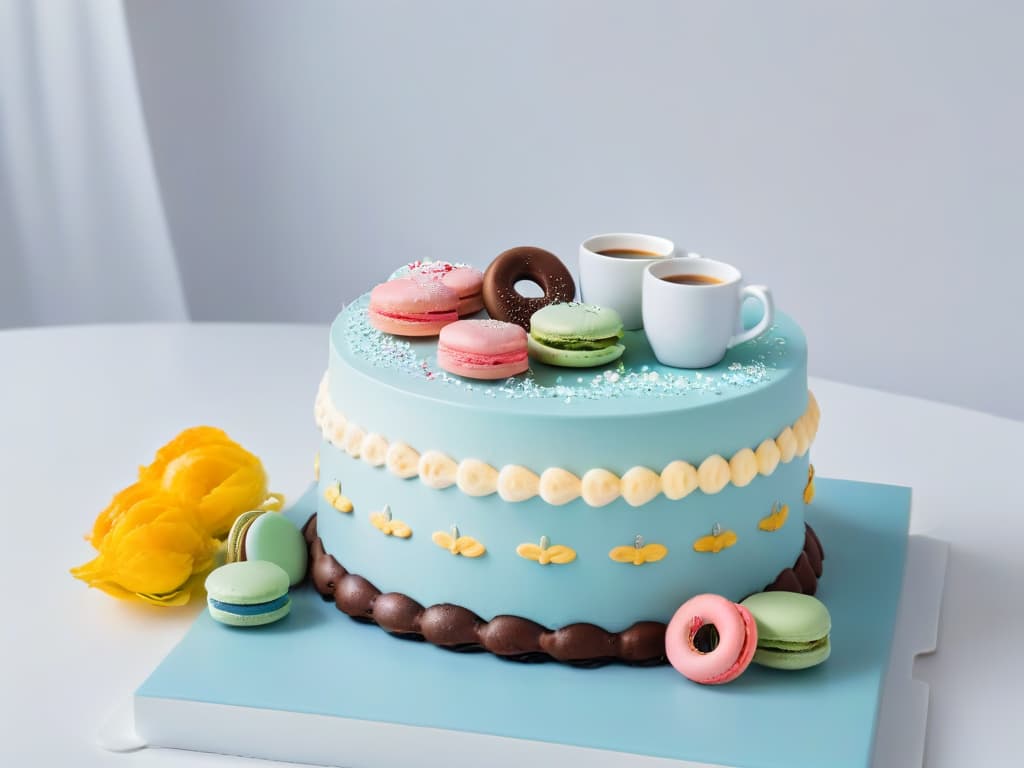  A highresolution, minimalist image depicting a beautifully designed merchandise collection inspired by iconic desserts such as macarons, cupcakes, and donuts. The image showcases a sleek display of products like mugs, notebooks, and tote bags adorned with intricate dessert illustrations in a stylish and modern aesthetic. The color scheme is pastel and sophisticated, highlighting the fusion of culinary art with trendy merchandising concepts. hyperrealistic, full body, detailed clothing, highly detailed, cinematic lighting, stunningly beautiful, intricate, sharp focus, f/1. 8, 85mm, (centered image composition), (professionally color graded), ((bright soft diffused light)), volumetric fog, trending on instagram, trending on tumblr, HDR 4K, 8K