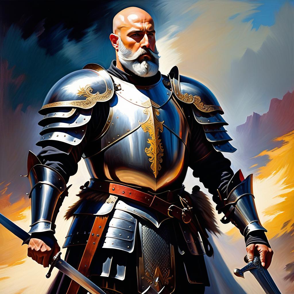  impressionist painting bald bearded warrior in knight's armor, without a helmet . loose brushwork, vibrant color, light and shadow play, captures feeling over form hyperrealistic, full body, detailed clothing, highly detailed, cinematic lighting, stunningly beautiful, intricate, sharp focus, f/1. 8, 85mm, (centered image composition), (professionally color graded), ((bright soft diffused light)), volumetric fog, trending on instagram, trending on tumblr, HDR 4K, 8K