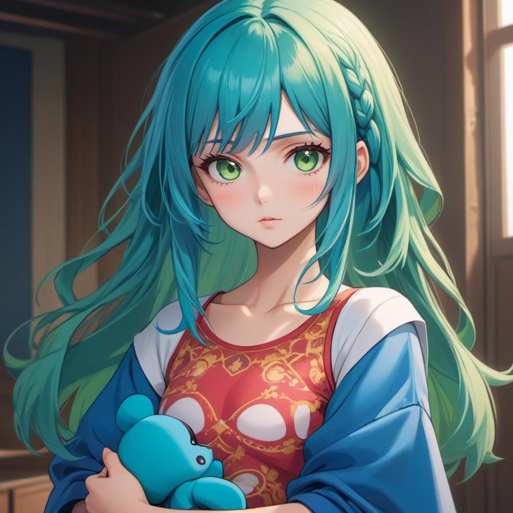  A photo of a holding a doll in her hands (ANIME:1.2), slavic woman, age 18, sad face, green eyes, bangs blue hair, skinny body, large , medium , , (crop top сlothes:1.2), 4k higly detailed, after face, flirting with the camera, ((full body)), ((full length)), drawing, painting, crayon, sketch, after face, flirting with the camera, (:1.2), s, ity, (:1.3), , ,(:1.1), (:1.1), (:1.1), anal, (POV:1.1), ((full ))