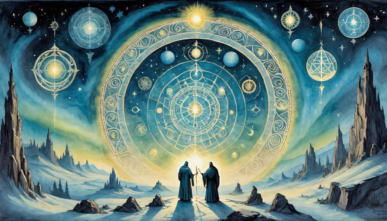  on parchment, surrealism+++, Orbs of light harnessed by robed figures in a mystical circle, above them, an aurora of solar energies, transformation of chaos into harmony, sacred geometry(mysterious, provocative, symbolic,muted color)+++