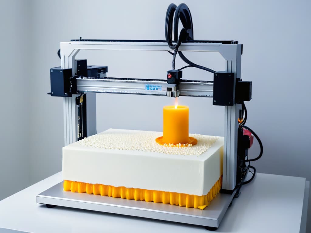  A highresolution, ultradetailed image of a sleek, modern 3D food printer in action, delicately crafting intricate sugar decorations for a wedding cake. The printer is set against a clean, white background, highlighting its precision and advanced technology. The sugar decorations are ornate and elegant, showcasing the potential for creativity and innovation in pastry design with 3D printing technology. hyperrealistic, full body, detailed clothing, highly detailed, cinematic lighting, stunningly beautiful, intricate, sharp focus, f/1. 8, 85mm, (centered image composition), (professionally color graded), ((bright soft diffused light)), volumetric fog, trending on instagram, trending on tumblr, HDR 4K, 8K