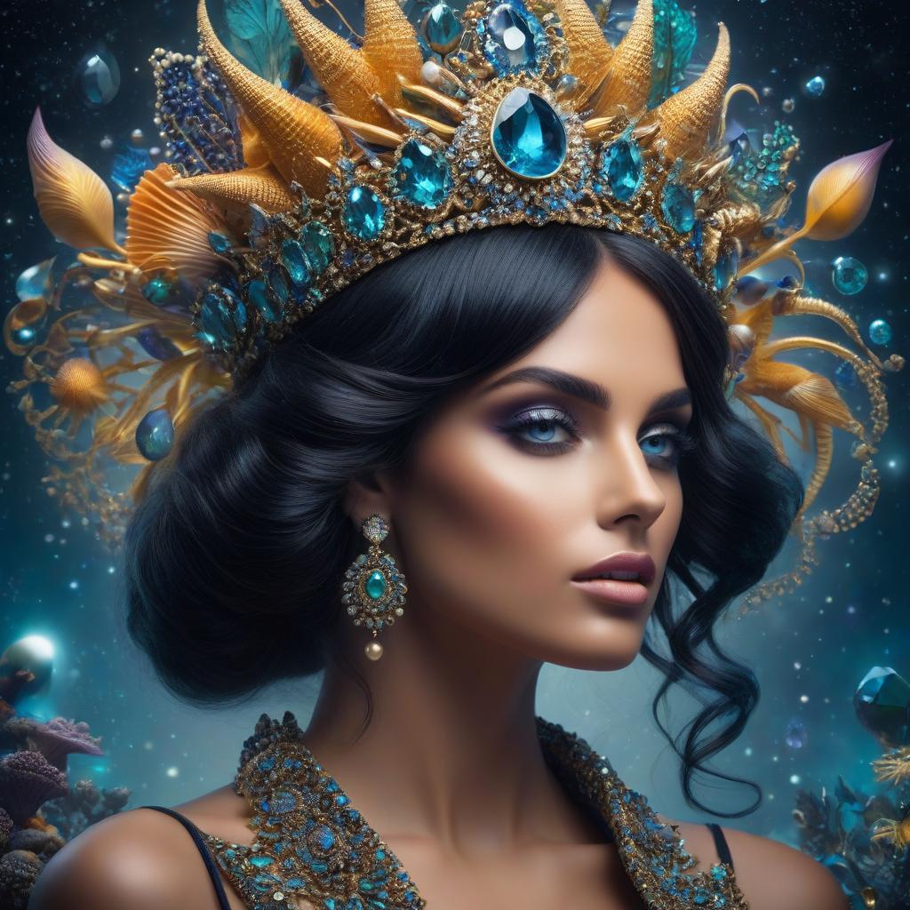  (psychedelic art, high detail, fantasy art: 1.3), mesmerizing face of a beautiful dark eyed black haired young woman wearing a fantastic crown of shells, starfish and fish, pearls, sapphires and emeralds; brightly glowing eyes with swirling colors, stunning combination of black, blue and yellow shades, intricate designs and patterns, cosmic background with galaxies and stars, unearthly and mystical atmosphere, otherworldly beauty, intricate celestial patterns, cosmic energy emanating from the eyes, a bewitching and captivating look, transcendental and surreal, vibrant and dynamic composition, snapshot close up, capturing every intricate detail. hyperrealistic, full body, detailed clothing, highly detailed, cinematic lighting, stunningly beautiful, intricate, sharp focus, f/1. 8, 85mm, (centered image composition), (professionally color graded), ((bright soft diffused light)), volumetric fog, trending on instagram, trending on tumblr, HDR 4K, 8K