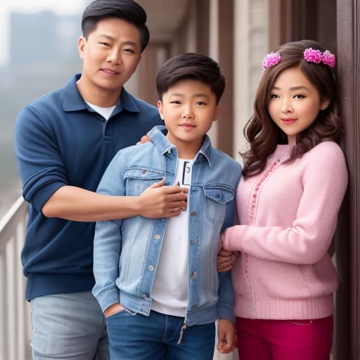  (mom, dad and two kids: boy and girl), photorealistic, highly detailed, 4k, high quality hyperrealistic, full body, detailed clothing, highly detailed, cinematic lighting, stunningly beautiful, intricate, sharp focus, f/1. 8, 85mm, (centered image composition), (professionally color graded), ((bright soft diffused light)), volumetric fog, trending on instagram, trending on tumblr, HDR 4K, 8K