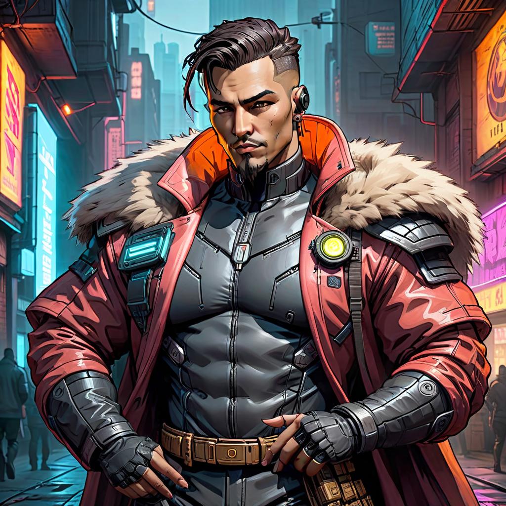  cyberpunk game style portrait of a full bodied mestizo named Timofey with the nickname "Barrel", with an unusual skin tone, bristly and chubby face, with a combat costume against a background of fur. . neon, dystopian, futuristic, digital, vibrant, detailed, high contrast, reminiscent of cyberpunk genre video games, on parchment hyperrealistic, full body, detailed clothing, highly detailed, cinematic lighting, stunningly beautiful, intricate, sharp focus, f/1. 8, 85mm, (centered image composition), (professionally color graded), ((bright soft diffused light)), volumetric fog, trending on instagram, trending on tumblr, HDR 4K, 8K