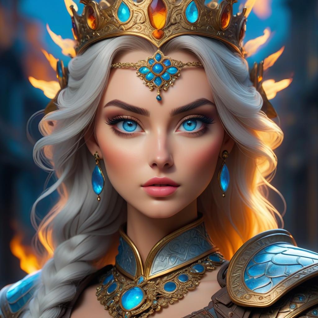  king of amber, insanely detailed intricate armor, beautiful face, blue eyes, beautiful light, epic cinematic fire background, hyper realistic, hyper detailed, ethereal, iridescent, 8k, mystical hyperrealistic, full body, detailed clothing, highly detailed, cinematic lighting, stunningly beautiful, intricate, sharp focus, f/1. 8, 85mm, (centered image composition), (professionally color graded), ((bright soft diffused light)), volumetric fog, trending on instagram, trending on tumblr, HDR 4K, 8K