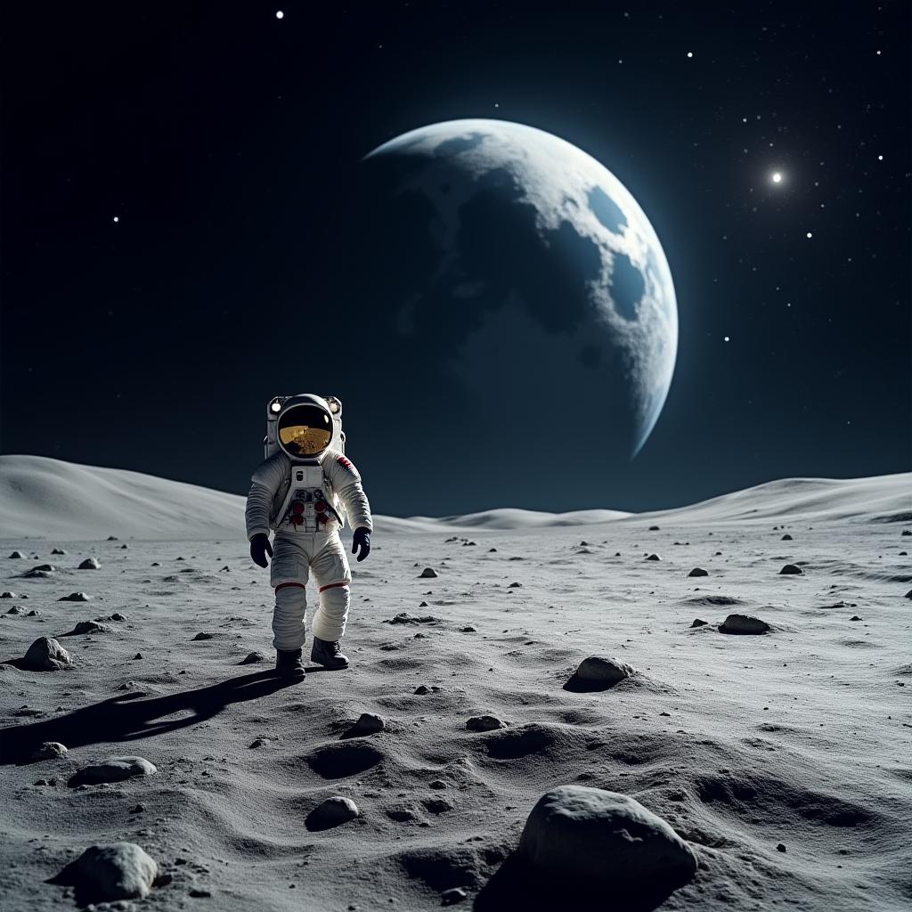  good quality, high quality, space conquest and back to the moon race concept image with an astronaut walking on the moon and view of the earth in background