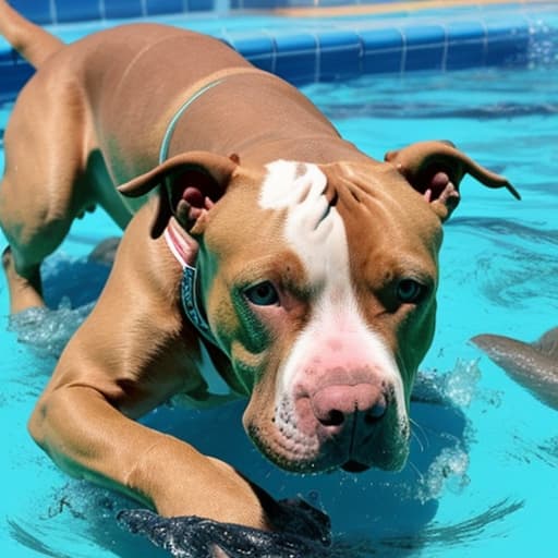  Un perro pitbull saltado a una pisina desde ina tabla de salto olímpico,la imagen debe mostra la camara como si el pitbull saltando en primera persona