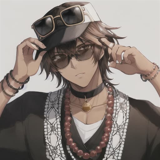  man, African American appearance, black-white Japanese outfit, brown hair, black square sunglasses, beads on his neck