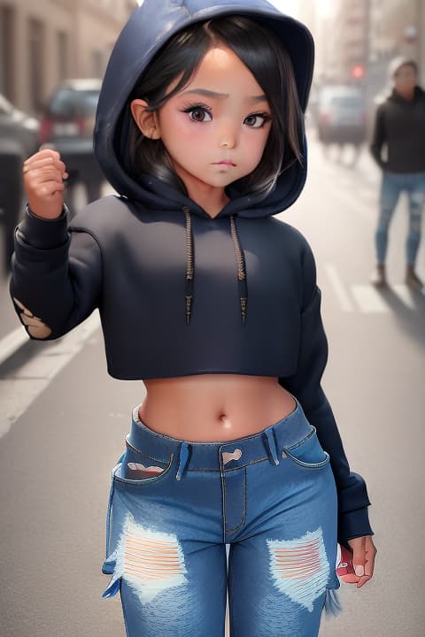  (((extremely beautiful:1.5))), (((6 year old in a cropped hoodie and ripped jeans:1.5))), ((fighting man in the streets)), 1girl,, detailed eyes, hyperrealistic, full body, highly detailed, cinematic lighting, intricate, sharp focus, f/1. 8, 85mm, (centered image composition), (professionally color graded), ((bright soft diffused light)), volumetric fog, trending on instagram, HDR 4K, 8K