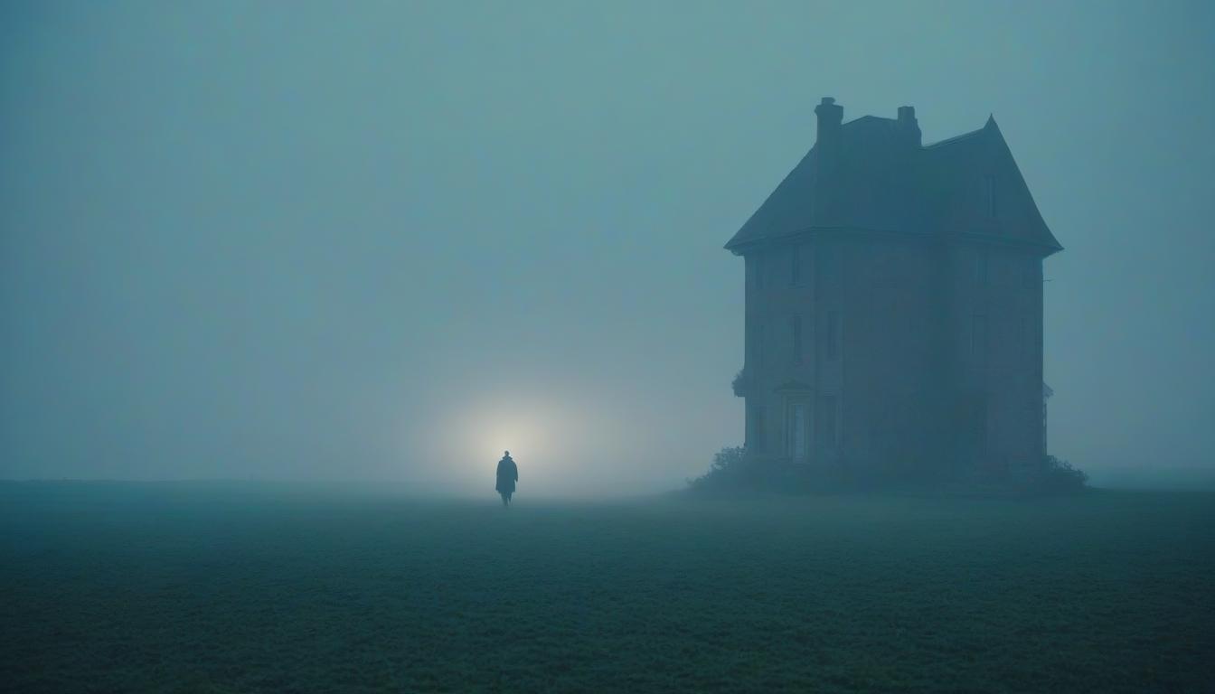  A man walks across the field going home, far away is the house. hyperrealistic, full body, detailed clothing, highly detailed, cinematic lighting, stunningly beautiful, intricate, sharp focus, f/1. 8, 85mm, (centered image composition), (professionally color graded), ((bright soft diffused light)), volumetric fog, trending on instagram, trending on tumblr, HDR 4K, 8K