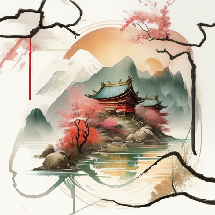  Chinese style landscape painting,mountains, rivers, clouds