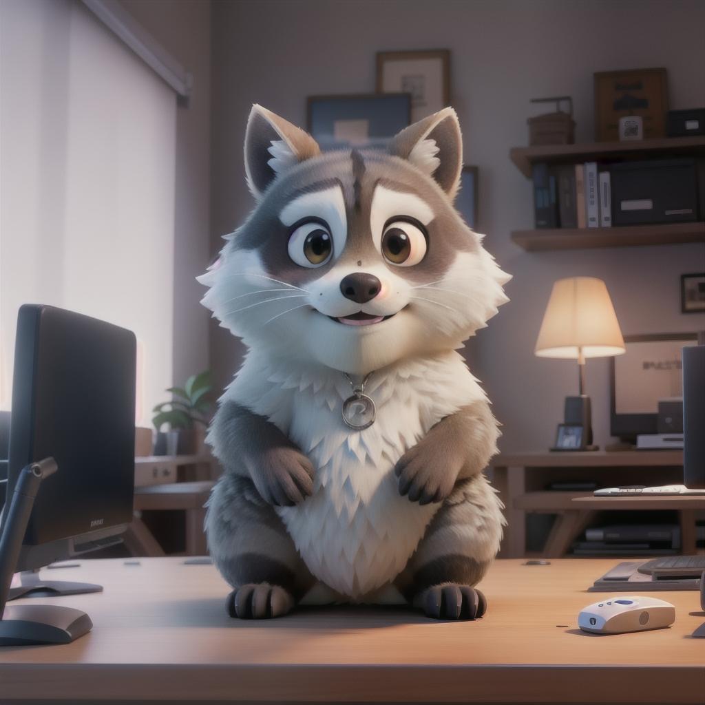  raccoon sitting in gaming chair front a computer on desktop, ((semi anthropomorphic)),(full body), tail, belly, sitting, fat, (chubby), (((white background))), solo, desktop, gaming chair, side view,  [[[clothes]]] hyperrealistic, full body, detailed clothing, highly detailed, cinematic lighting, stunningly beautiful, intricate, sharp focus, f/1. 8, 85mm, (centered image composition), (professionally color graded), ((bright soft diffused light)), volumetric fog, trending on instagram, trending on tumblr, HDR 4K, 8K