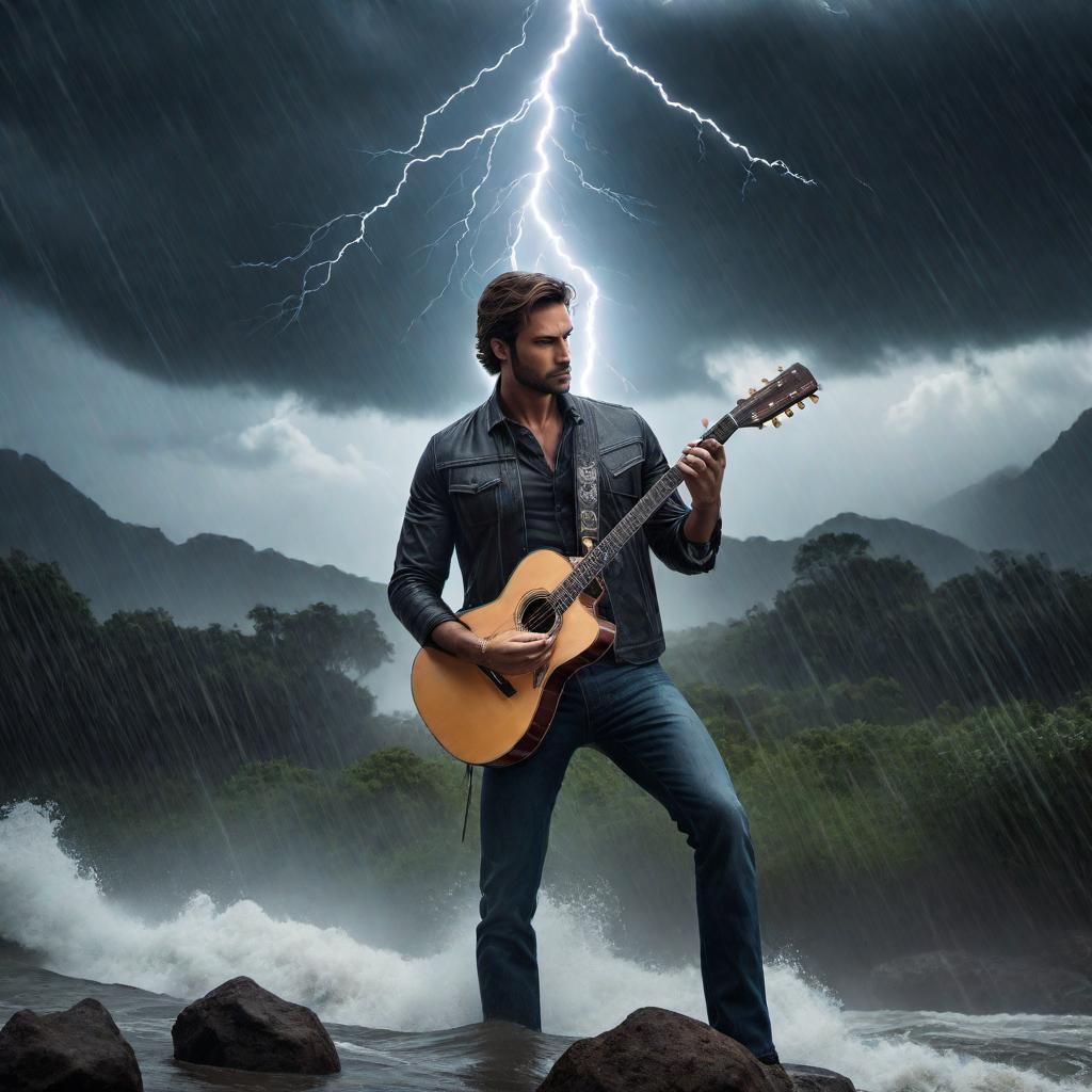  Eye of the hurricane with a focus on guitar music. Show the calm center of the storm with swirling dark clouds around it. In the center, place a guitar and integrate musical notes and symbols around it, emphasizing the relationship between the guitar and the storm. The scene should be dynamic, with lightning bolts and rain around the edges to show the intense weather outside the calm center. hyperrealistic, full body, detailed clothing, highly detailed, cinematic lighting, stunningly beautiful, intricate, sharp focus, f/1. 8, 85mm, (centered image composition), (professionally color graded), ((bright soft diffused light)), volumetric fog, trending on instagram, trending on tumblr, HDR 4K, 8K