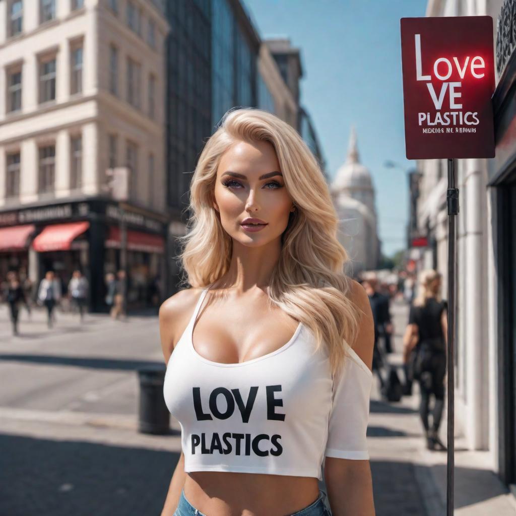  An attractive blonde female holding a sign that says I love plastics, I mean, Modern Plastics! hyperrealistic, full body, detailed clothing, highly detailed, cinematic lighting, stunningly beautiful, intricate, sharp focus, f/1. 8, 85mm, (centered image composition), (professionally color graded), ((bright soft diffused light)), volumetric fog, trending on instagram, trending on tumblr, HDR 4K, 8K