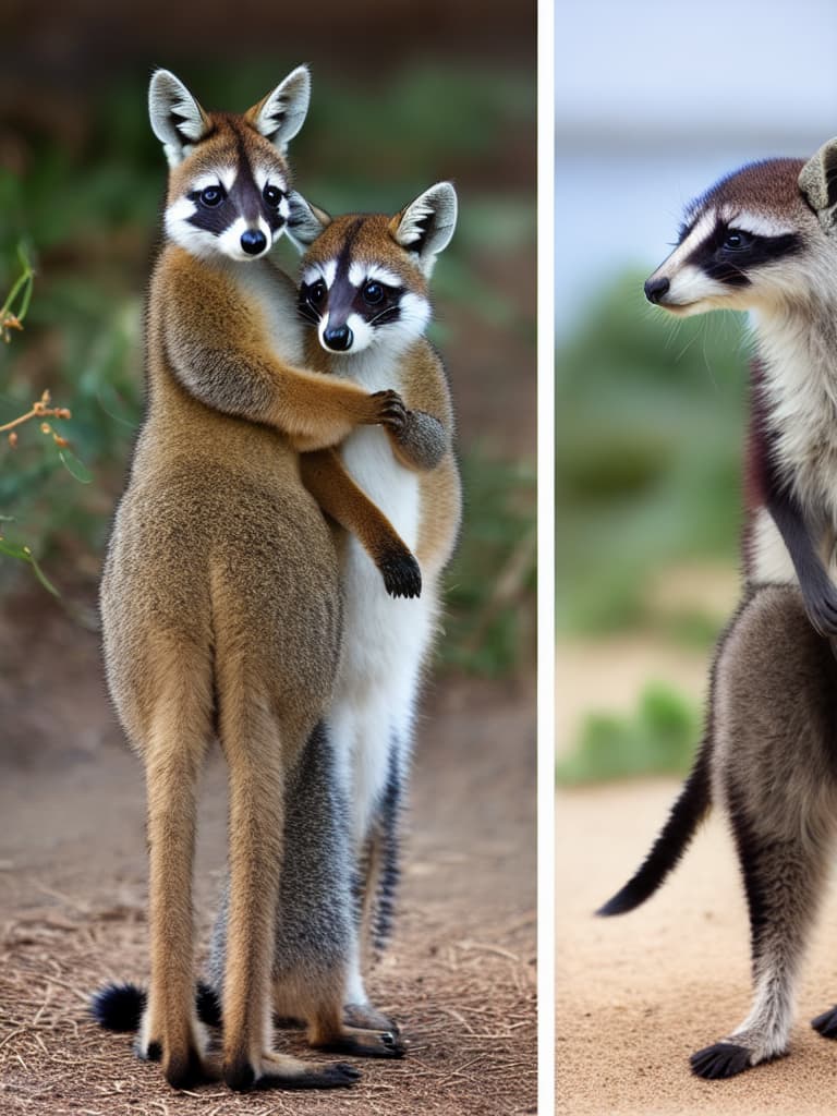  Digital ilration of two different animals. One of them is a cute  female kangaroo with a stylish bag, another is a male raccoon full length with smile in fashionable stylish clothes and red wrist watch. They hug each other. High fashion drawing