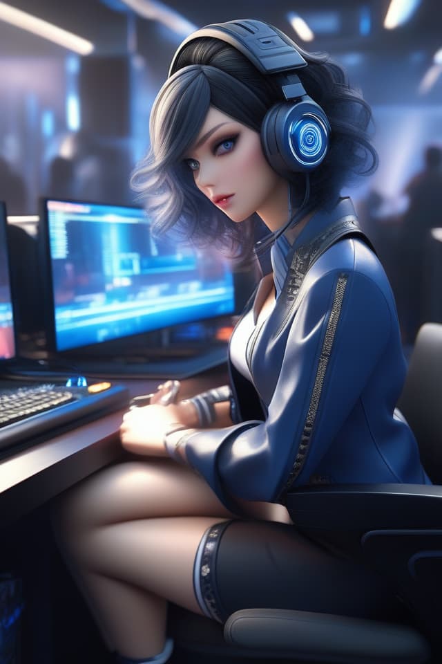  Gaming , black hair, short hair, s, smoking, big s, black and blue , wearing headphones, back, eyeshadow, mine based makeup, blue eyes, I'm sitting with my legs hyperrealistic, full body, detailed clothing, highly detailed, cinematic lighting, stunningly beautiful, intricate, sharp focus, f/1. 8, 85mm, (centered image composition), (professionally color graded), ((bright soft diffused light)), volumetric fog, trending on instagram, trending on tumblr, HDR 4K, 8K