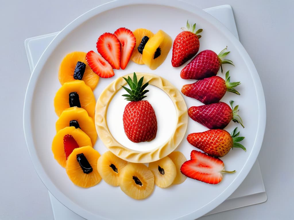  A minimalistic and professional image showcasing an array of vibrant, colorful dried fruits such as mango slices, strawberry chips, and pineapple rings, neatly arranged on a sleek white ceramic plate against a soft, neutral background. The fruits are delicately dehydrated, preserving their natural hues and textures, exuding a fresh and inviting appeal perfect for vegan dessert recipes. hyperrealistic, full body, detailed clothing, highly detailed, cinematic lighting, stunningly beautiful, intricate, sharp focus, f/1. 8, 85mm, (centered image composition), (professionally color graded), ((bright soft diffused light)), volumetric fog, trending on instagram, trending on tumblr, HDR 4K, 8K