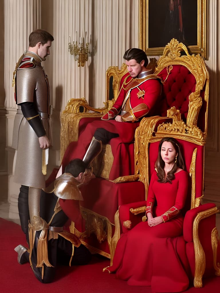  a royal male ministers kneel downly sitting, like knight, on a royal luxurious courtroom. minister wearing red royal luxurious dress. american human avatar required. a single character , minister kneel downly show his respect.
