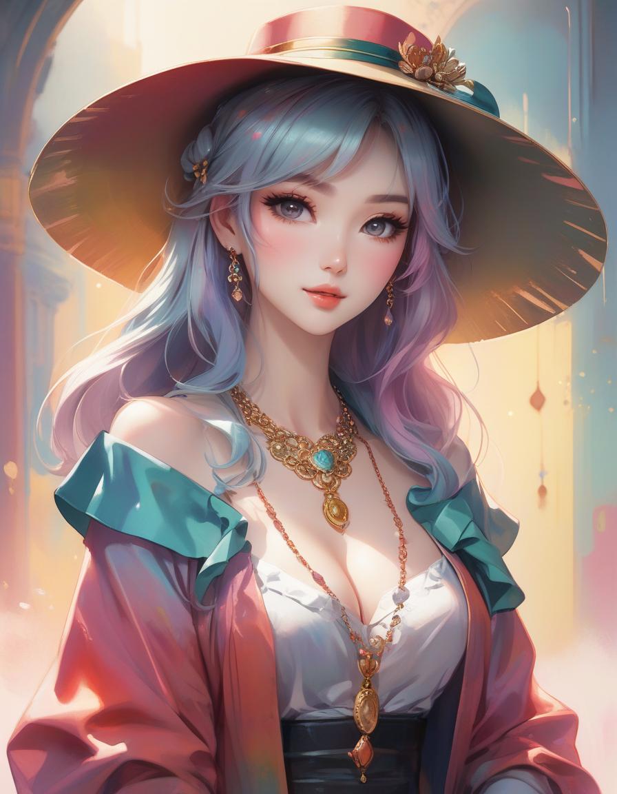  kawaii style painting of a woman wearing a hat with a necklace, exquisite digital illustration, elegante pintura digital, linda pintura de persona gem, beautiful digital illustration, estilo de pintura digital, linda pintura digital, linda arte digital, no estilo aquarela, pintura linda, no art style by bowater, a beautiful art illustration, no estilo de aquarela digital, with ink blots and paint running down the screen . cute, adorable, brightly colored, cheerful, anime influence, highly detailed hyperrealistic, full body, detailed clothing, highly detailed, cinematic lighting, stunningly beautiful, intricate, sharp focus, f/1. 8, 85mm, (centered image composition), (professionally color graded), ((bright soft diffused light)), volumetric fog, trending on instagram, trending on tumblr, HDR 4K, 8K