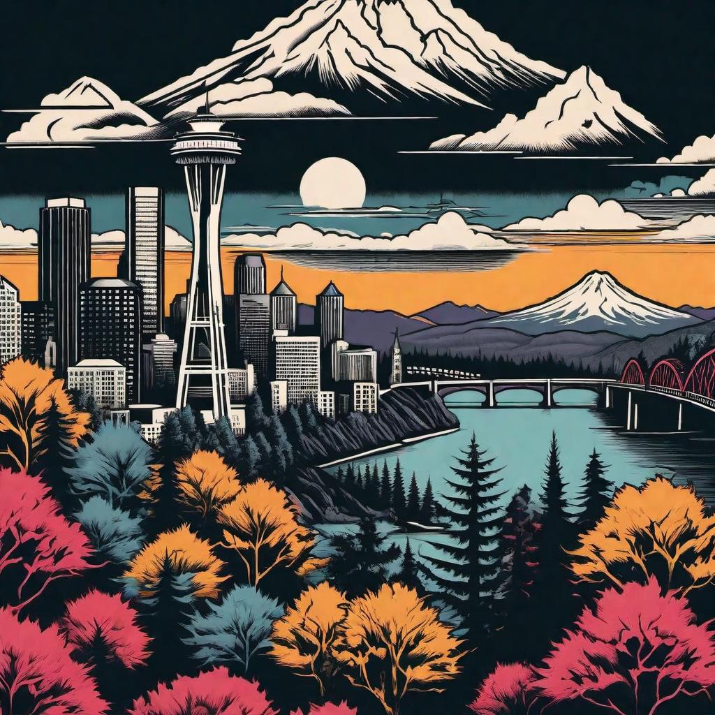  Create a punk rock sleeve tattoo design that is representative of the Portland, Oregon skyline and the Great Northwest. The design should feature a gritty and edgy interpretation of the Portland skyline, incorporating elements like punk rock motifs, music symbols, cityscape, mountains, forests, and rivers. The color palette should be bold and rebellious, capturing the essence of punk rock culture mixed with the natural beauty of the Great Northwest. hyperrealistic, full body, detailed clothing, highly detailed, cinematic lighting, stunningly beautiful, intricate, sharp focus, f/1. 8, 85mm, (centered image composition), (professionally color graded), ((bright soft diffused light)), volumetric fog, trending on instagram, trending on tumblr, HDR 4K, 8K