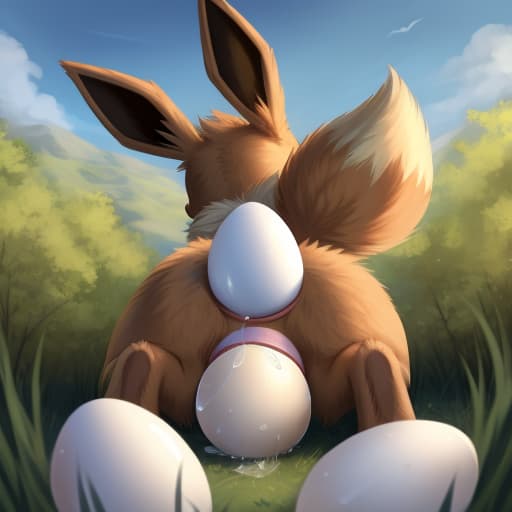  Eevee, feral, egg in ass, anal oviposition, view from behind,, open eyes, digital art, masterpiece, 4k, fine details,