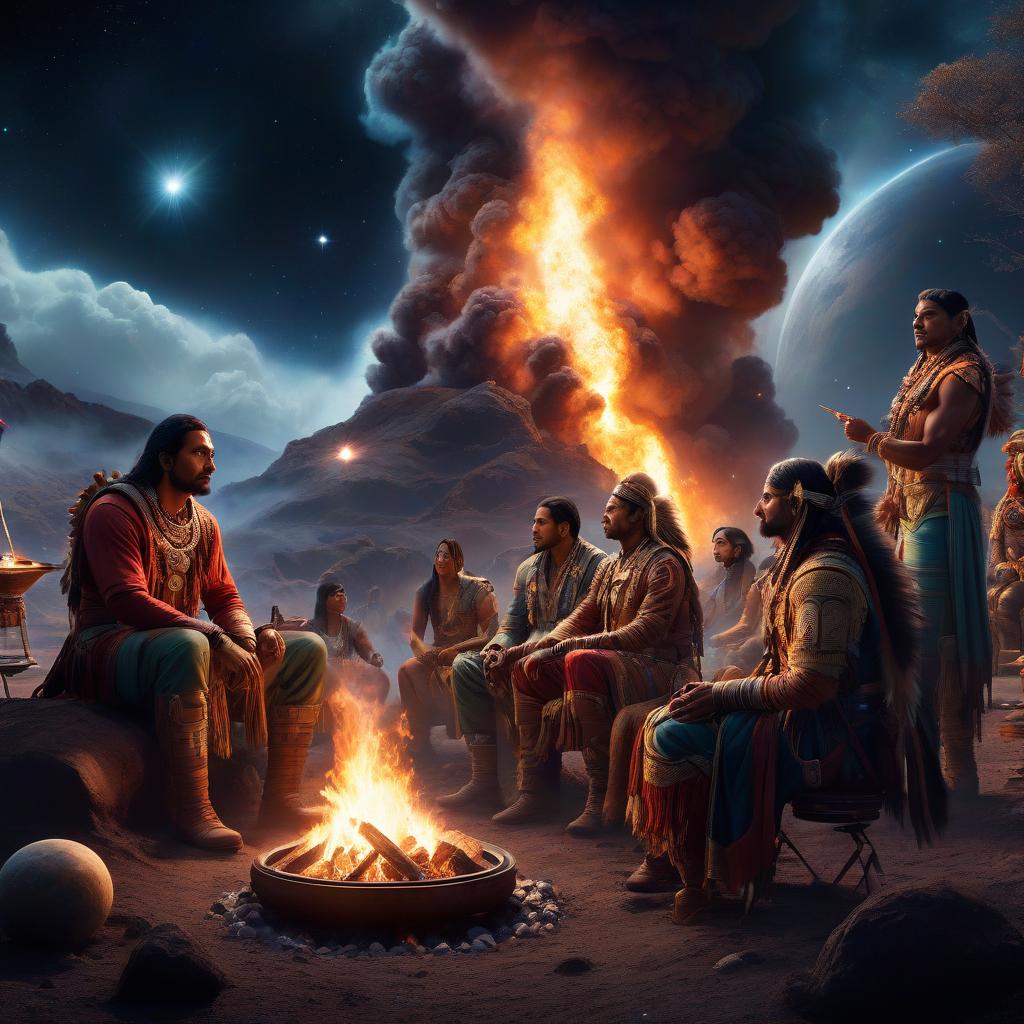  space themed Digital painting, a typical family of an Indian tribe sits by a fire and watches as, through some magical means, figures of people and stories appear in the smoke; CGI, 8K. . cosmic, celestial, stars, galaxies, nebulas, planets, science fiction, highly detailed hyperrealistic, full body, detailed clothing, highly detailed, cinematic lighting, stunningly beautiful, intricate, sharp focus, f/1. 8, 85mm, (centered image composition), (professionally color graded), ((bright soft diffused light)), volumetric fog, trending on instagram, trending on tumblr, HDR 4K, 8K