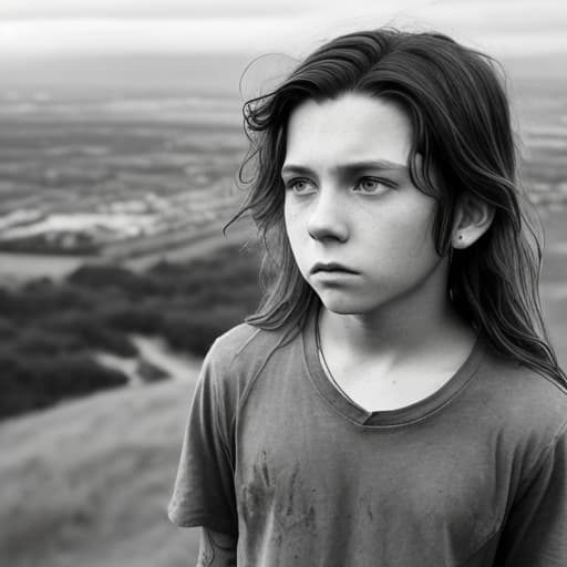  a boy on a hill looking down with hatred and his eyes tired, with long hair up to his shoulders and a tattoo on his neck with rays
