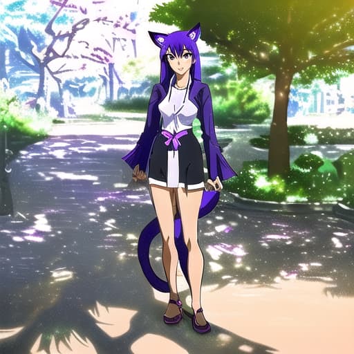  Makoto Shinkai style. semi - realistic anime style. Asian. looking at viewer. solo. fashion. soft shadows. modern. cute girl. character design. purple hair. full body. animal ears. uhd. high details.