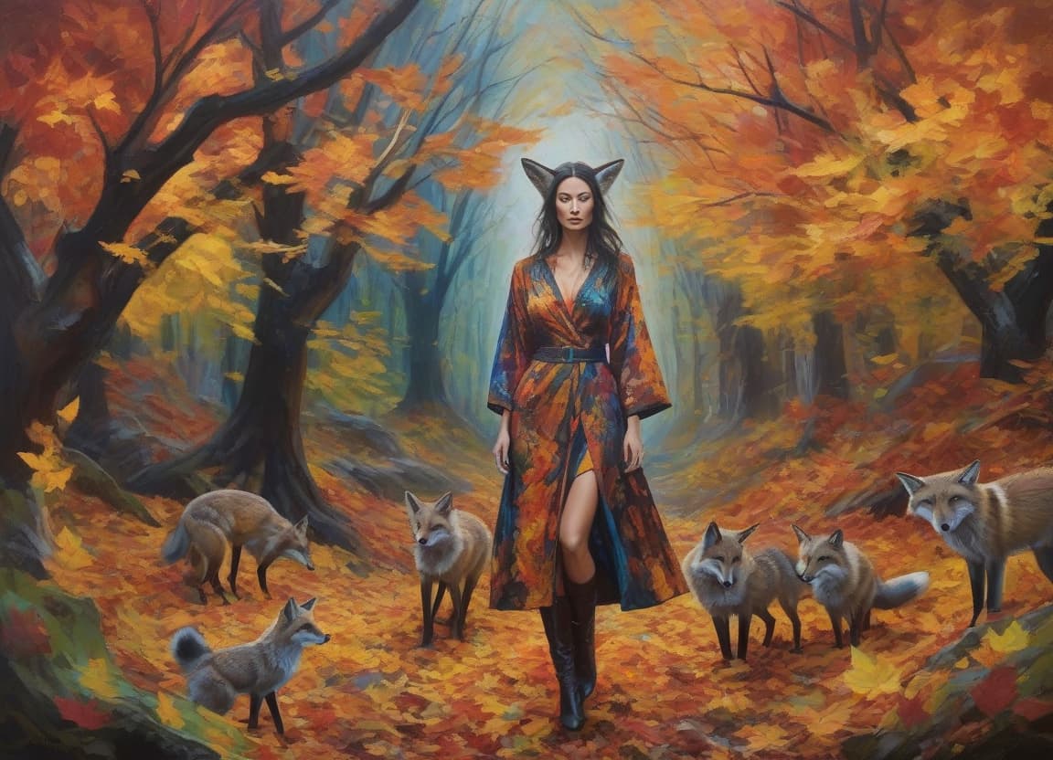  abstract expressionist painting A mystical woman adorned with autumn leaves and foxes in an enchanted forest. . energetic brushwork, bold colors, abstract forms, expressive, emotional hyperrealistic, full body, detailed clothing, highly detailed, cinematic lighting, stunningly beautiful, intricate, sharp focus, f/1. 8, 85mm, (centered image composition), (professionally color graded), ((bright soft diffused light)), volumetric fog, trending on instagram, trending on tumblr, HDR 4K, 8K