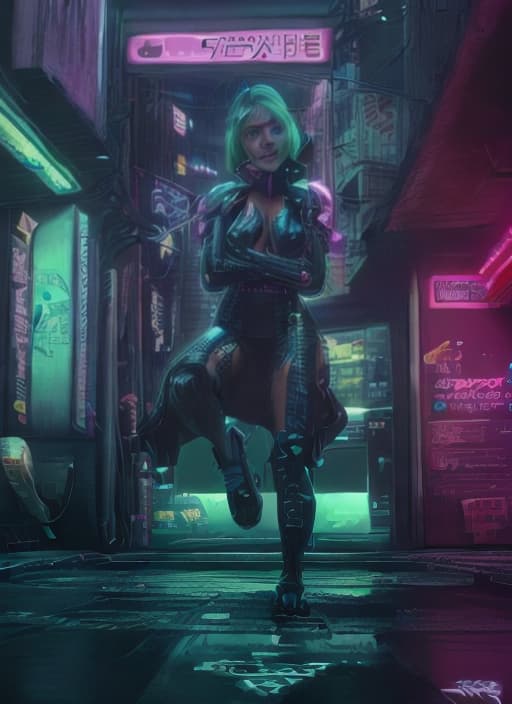  ultra high definition, (extremely detailed characters), (hyper realistic textures), advanced cybernetic enhancements, (neon drenched urban backdrop), (dramatic contrast lighting), (vibrant color palette), (meticulously designed outfits), (futuristic accessories), (dynamic poses), (expressive facial features), (4K ultra HD clarity), (8K resolution), (depth of field effect), (recognizable face), (bokeh lighting effects), (professional composition), (artistic color grading), (soft shadowing), (ambient occlusion), (ray tracing reflections), (surreal atmosphere), (immersive environment), (signature cyberpunk elements), (innovative design), (cutting edge fashion), (photo realistic skin tones), (detailed texture mapping), (sophisticated l