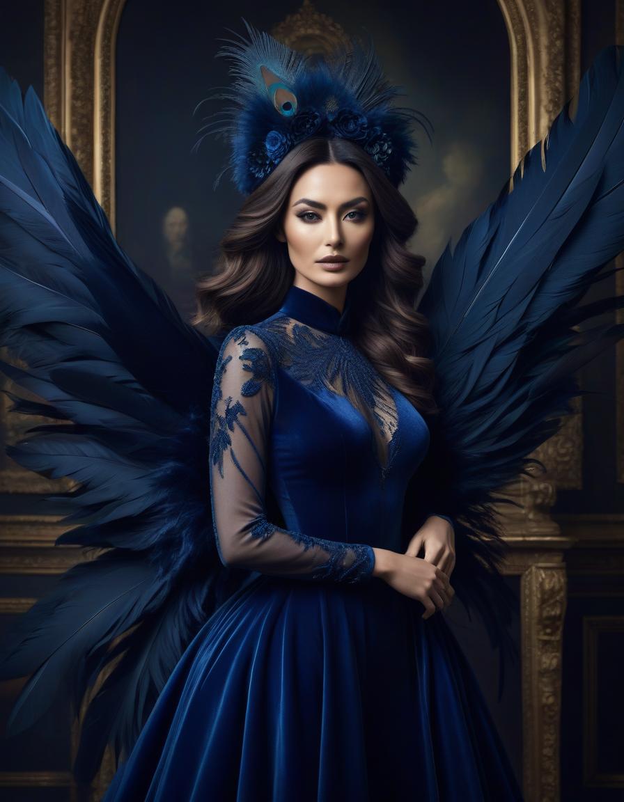  surrealist art Portrait of a beautiful in a dark blue velvet Lorrain dress, on beautiful hair adorned with soft feathers of dark blue colour . dreamlike, mysterious, , symbolic, intricate, detailed hyperrealistic, full body, detailed clothing, highly detailed, cinematic lighting, stunningly beautiful, intricate, sharp focus, f/1. 8, 85mm, (centered image composition), (professionally color graded), ((bright soft diffused light)), volumetric fog, trending on instagram, trending on tumblr, HDR 4K, 8K