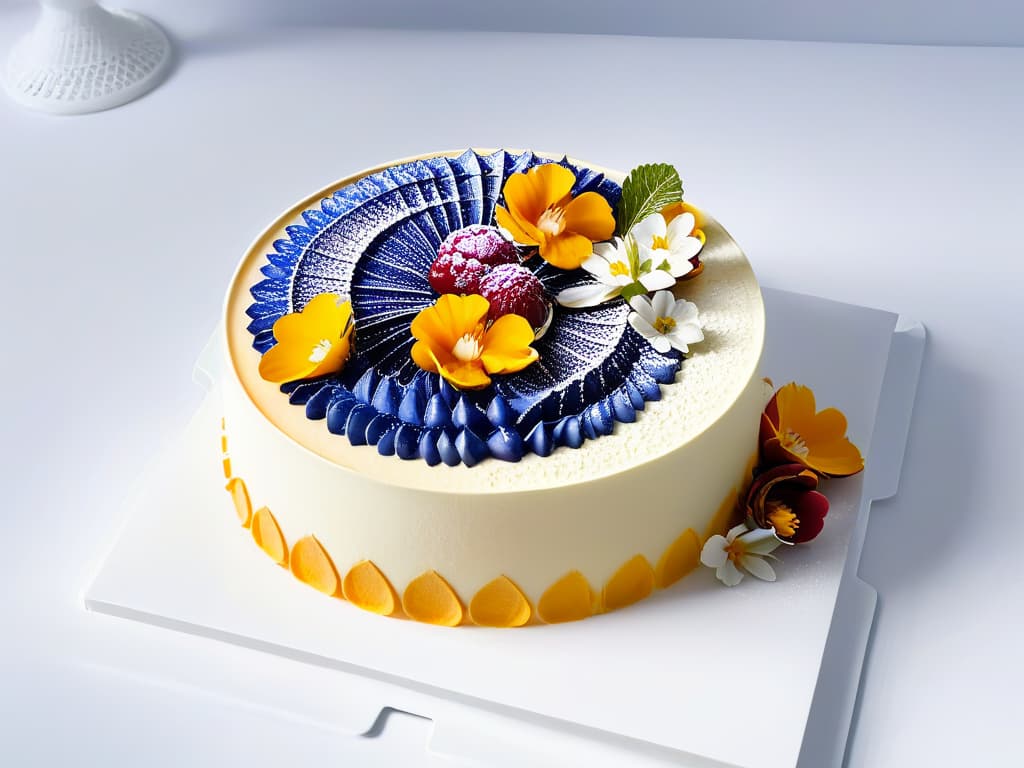  An ultradetailed, photorealistic image of a sophisticated 3Dprinted dessert masterpiece created by artificial intelligence. The dessert is a stunning fusion of intricate geometric patterns and delicate floral designs, showcased on a sleek, modern serving platter. Each element of the dessert is meticulously crafted, from the precise layers of the edible structure to the vibrant colors of the edible flowers adorning the creation. The lighting captures every exquisite detail, highlighting the seamless blend of technology and culinary artistry in this innovative sweet treat. hyperrealistic, full body, detailed clothing, highly detailed, cinematic lighting, stunningly beautiful, intricate, sharp focus, f/1. 8, 85mm, (centered image composition), (professionally color graded), ((bright soft diffused light)), volumetric fog, trending on instagram, trending on tumblr, HDR 4K, 8K