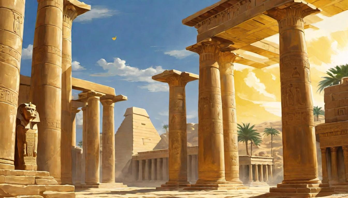  digital painting of Depictions of ancient Egyptian, Greek, and Roman architecture with subtle Masonic symbols engraved, grand pillars and statues, golden light hinting at reverence, origins, antiquity looking at viewer, dynamic pose, (intricate details, masterpiece, best quality)