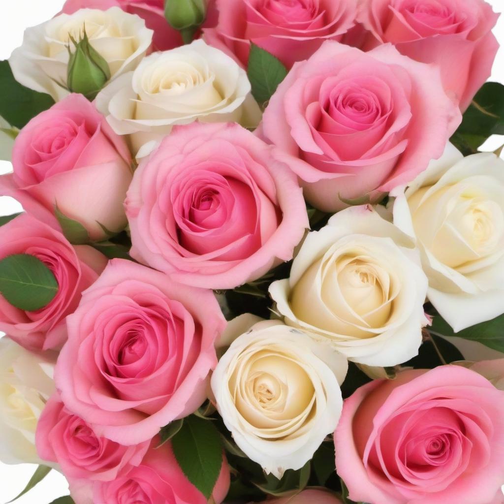  You are an artist.Draw a realistic bouquet of 30 pink and white roses in a beautiful component