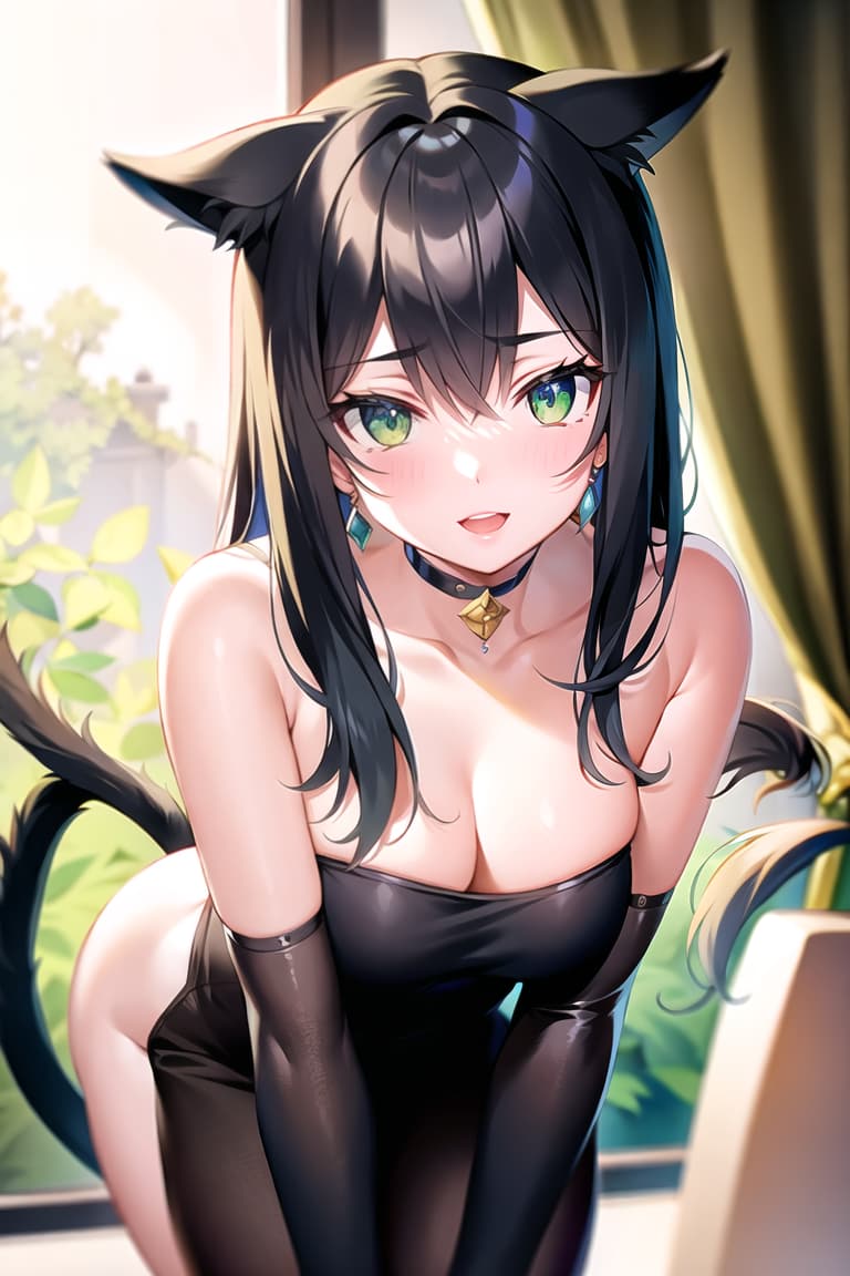  master piece , best quality,Naked Cat ears Cat tail Black hair Green eyes