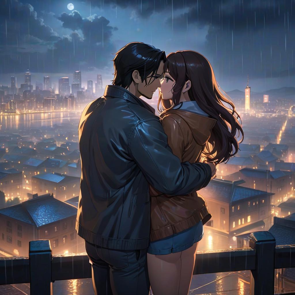  a man and a woman hugging in front of a city at night, (anime girl), the woman has long dark hair, pokimane, half body photo, emotional lighting, , standing with her back to us, in the evening, fluffy chest, remake, at evening during rain, connected, awe hyperrealistic, full body, detailed clothing, highly detailed, cinematic lighting, stunningly beautiful, intricate, sharp focus, f/1. 8, 85mm, (centered image composition), (professionally color graded), ((bright soft diffused light)), volumetric fog, trending on instagram, trending on tumblr, HDR 4K, 8K