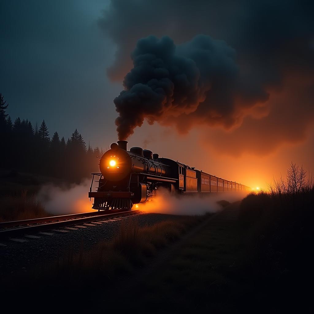  good quality, high quality, a steam train speeds through a dark, fiery landscape at night, with intense smoke and fire illuminating the surroundings. the image creates a thrilling and intense atmosphere, evoking adventure and