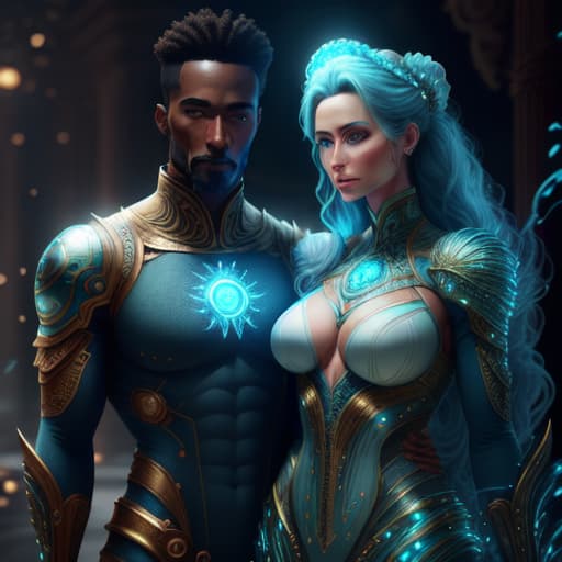  aquarius man and woman hyperrealistic, full body, detailed clothing, highly detailed, cinematic lighting, stunningly beautiful, intricate, sharp focus, f/1. 8, 85mm, (centered image composition), (professionally color graded), ((bright soft diffused light)), volumetric fog, trending on instagram, trending on tumblr, HDR 4K, 8K