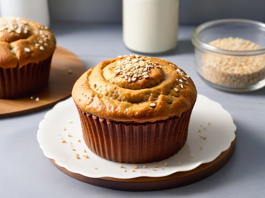  A closeup, ultradetailed image of goldenbrown flaxseeds sprinkled on top of a freshly baked golden flaxseed muffin. The muffin is perfectly domed with a moist crumb texture visible, set against a clean, white backdrop to accentuate the texture and warmth of the baked goods. Each flaxseed glistens slightly under a soft, natural light, showcasing the wholesome ingredients and inviting the viewer to explore the benefits of incorporating flaxseeds into their baking recipes. hyperrealistic, full body, detailed clothing, highly detailed, cinematic lighting, stunningly beautiful, intricate, sharp focus, f/1. 8, 85mm, (centered image composition), (professionally color graded), ((bright soft diffused light)), volumetric fog, trending on instagram, trending on tumblr, HDR 4K, 8K