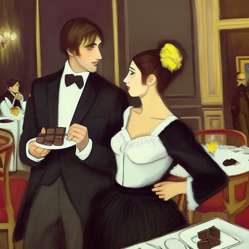  Attractive Beautiful young modern Parisian couple dressed in modern designer attire looking at each other. Foreground is plates of fine dark chocolates. Background is an exclusive Parisian restaurant . Painting style of Edgar Degas