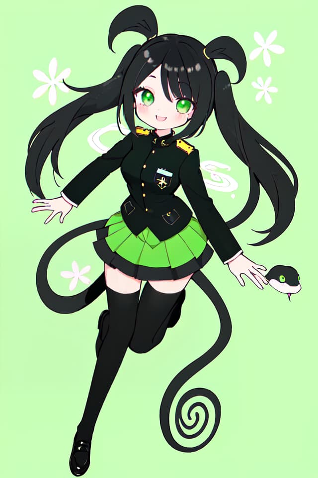  Black hair, woman, snake, uniform, smiling face, whole body, green eyes, pastel color background, twin tail