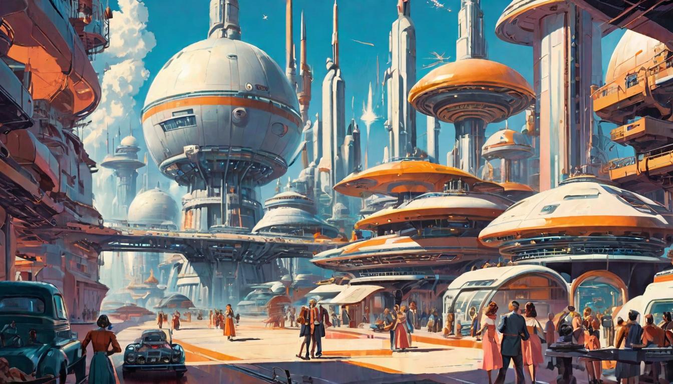  retro futuristic supportive community, open arms, warm environment, sense of purpose lvintage sci fi, 50s and 60s style, atomic age, vibrant, highly detailed