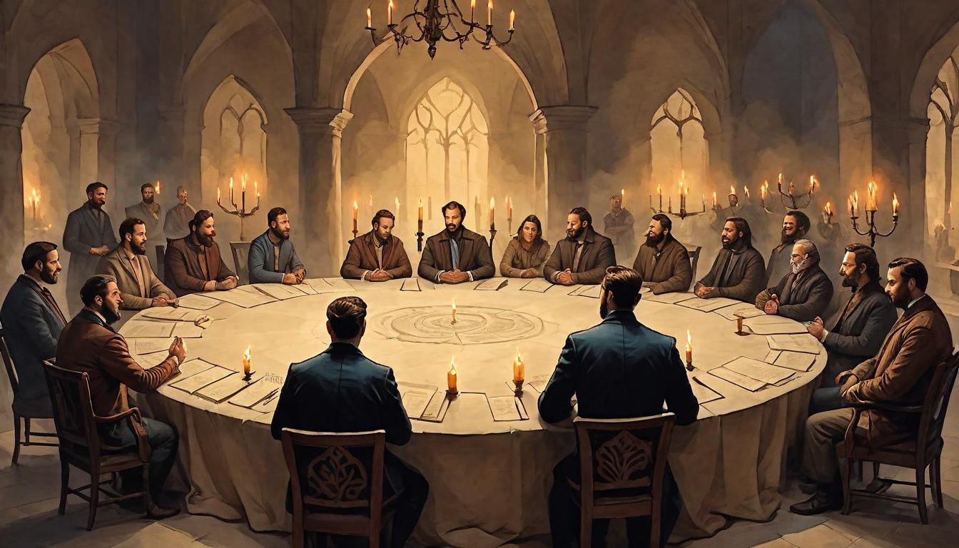  on parchment, surrealism+++, A roundtable illuminated by candlelight, shadows cast long but faces visible, a collaborative meeting, community and shared goals highlighted, warmth in unity, inclusivity(mysterious, provocative, symbolic,muted color)+++