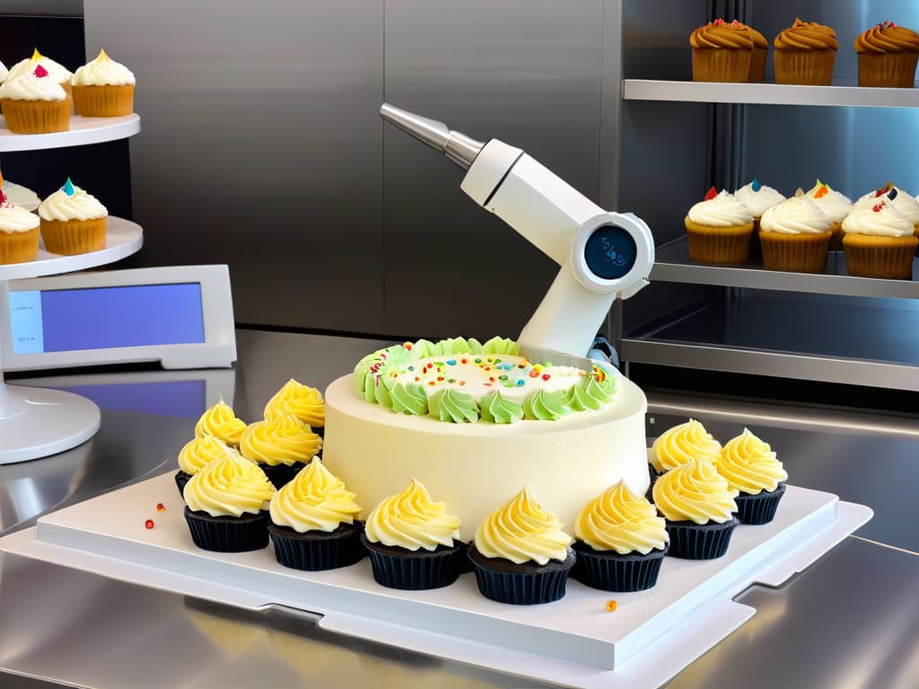  A photorealistic image of a stateoftheart robotic arm delicately piping intricate designs on colorful, perfectly frosted cupcakes in a modern bakery setting. The robotic arm is surrounded by a variety of baking tools and ingredients, showcasing a seamless blend of technology and traditional pastry craftsmanship. The cupcakes are arranged neatly on a sleek, stainless steel countertop, exuding a sense of precision and innovation in the art of pastry production. hyperrealistic, full body, detailed clothing, highly detailed, cinematic lighting, stunningly beautiful, intricate, sharp focus, f/1. 8, 85mm, (centered image composition), (professionally color graded), ((bright soft diffused light)), volumetric fog, trending on instagram, trending on tumblr, HDR 4K, 8K