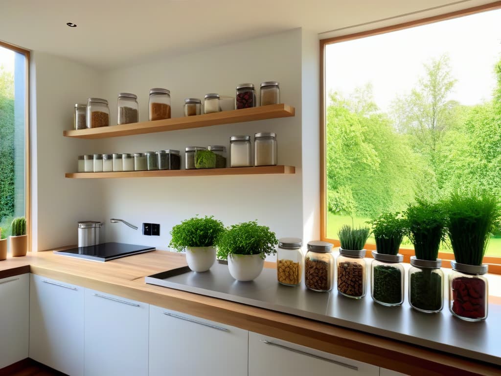  An ultradetailed image of a pristine white, modern kitchen with sleek, sustainable bamboo countertops and shelves adorned with glass jars filled with colorful organic ingredients like flour, nuts, and fruits. Sunlight streams in through a large window, casting a warm glow over the perfectly organized space, where minimalist kitchen tools hang neatly on a wallmounted rack. A small potted herb garden sits on the windowsill, adding a touch of greenery to the serene and ecofriendly culinary environment. hyperrealistic, full body, detailed clothing, highly detailed, cinematic lighting, stunningly beautiful, intricate, sharp focus, f/1. 8, 85mm, (centered image composition), (professionally color graded), ((bright soft diffused light)), volumetric fog, trending on instagram, trending on tumblr, HDR 4K, 8K