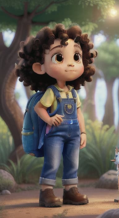  {The tree shining brightly and releasing a gentle, magical light., Riley, a curious with big brown eyes and curly hair, wearing overalls and carrying a small backpack. Their friend, Skye, a bluebird with shiny feathers.