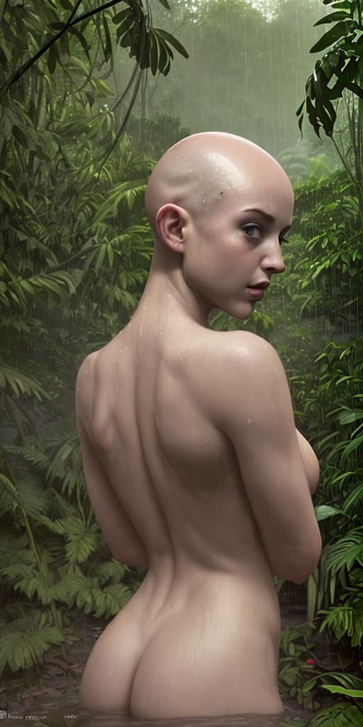  bald-girl, dirty, naked, with her back, it's raining, in the jungle, looking at me