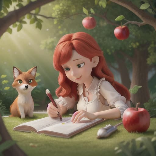  "Create an image that captures a whimsical scene set under a bountiful apple tree in a vibrant and detailed forest. The focal point should be two characters: a fairy named Ellie, who is known for her love for nature and penchant for drawing, and a curious fox named Sarah who is watching and learning from Ellie's art process. Both should be interacting with each other lovingly, fostering a sense of friendship. Show Ellie and Sarah embellishing a sketchpad with imaginative creations, using various drawing tools that showcase their creativity. The overall color scheme should be bright and colourful, highlighting the beauty of the surroundings and the deliciously hanging apples from the tree. Remember that the art style should be refined with a hyperrealistic, full body, detailed clothing, highly detailed, cinematic lighting, stunningly beautiful, intricate, sharp focus, f/1. 8, 85mm, (centered image composition), (professionally color graded), ((bright soft diffused light)), volumetric fog, trending on instagram, trending on tumblr, HDR 4K, 8K