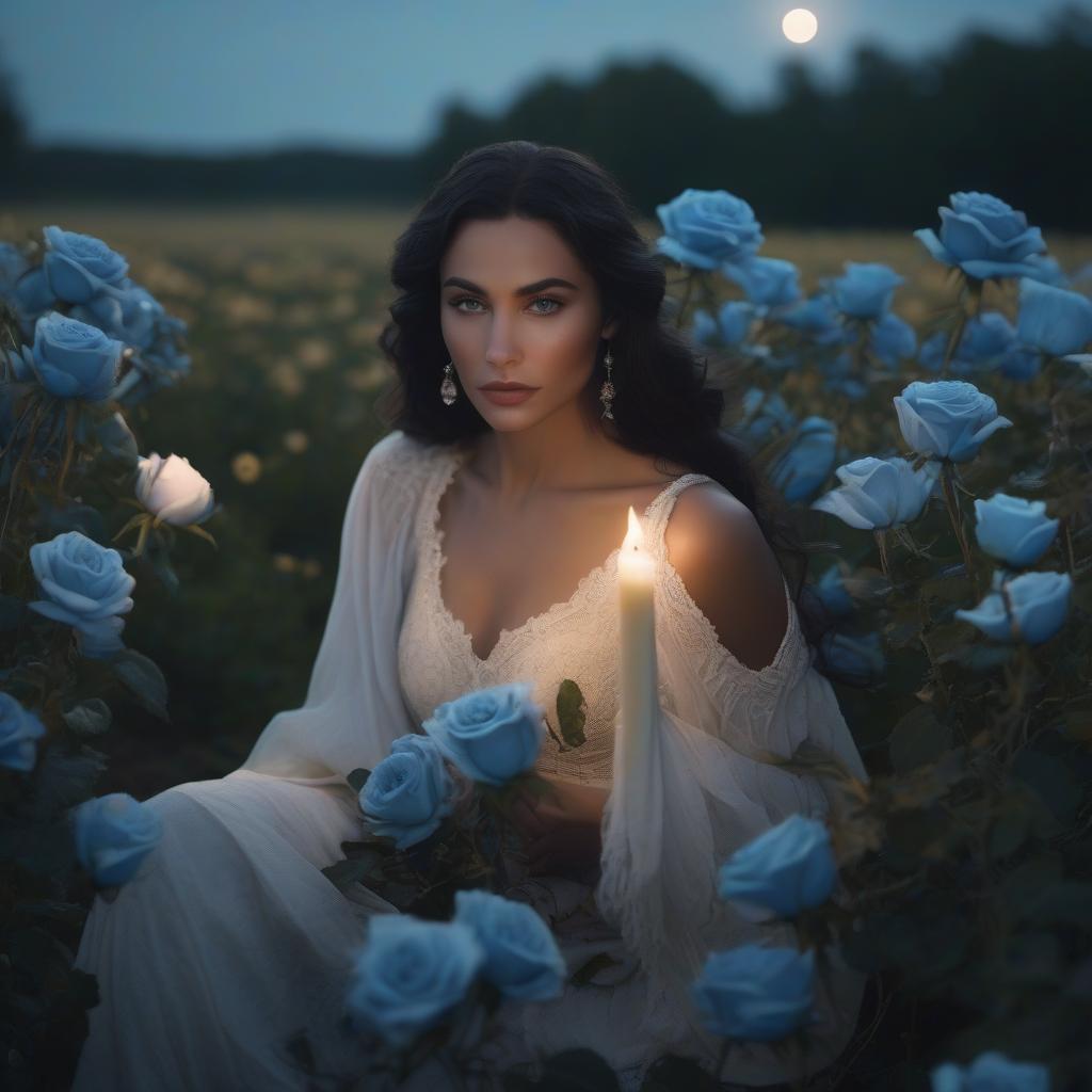  cinematic film still A dark night, a beautiful young French , 20 year, with gray eyes and long, curly black hair, sits on her , holding a candle. A field of blue roses, the moon, the stars. . shallow depth of field, vignette, highly detailed, high budget, bokeh, cinemascope, moody, epic, gorgeous, film grain, grainy hyperrealistic, full body, detailed clothing, highly detailed, cinematic lighting, stunningly beautiful, intricate, sharp focus, f/1. 8, 85mm, (centered image composition), (professionally color graded), ((bright soft diffused light)), volumetric fog, trending on instagram, trending on tumblr, HDR 4K, 8K