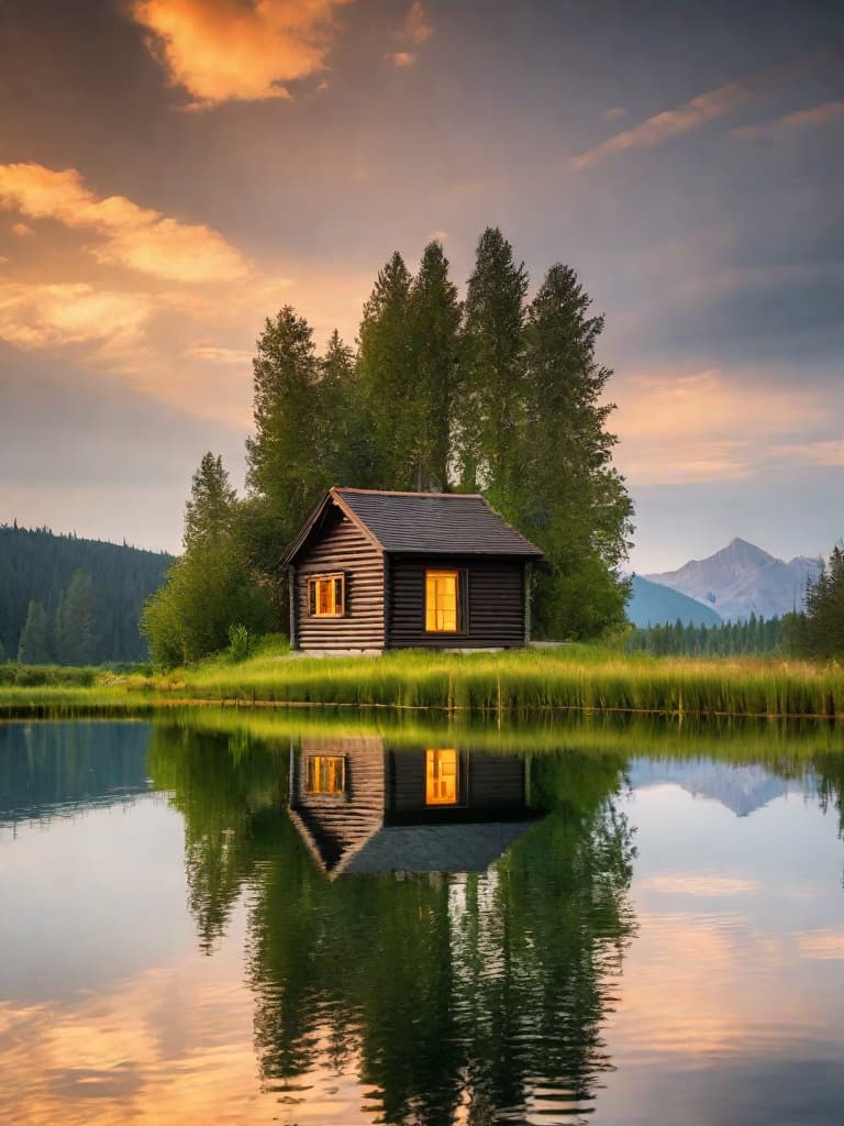  a house is reflected in the water of a lake, canon 5d mark iii photo, wlop : :, summer camp, wide shot of a cabin interior, by Henrik Weber, lush landscaping, canon 5d 50 mm lens, baris yesilbas, dramatic photograph, peaceful